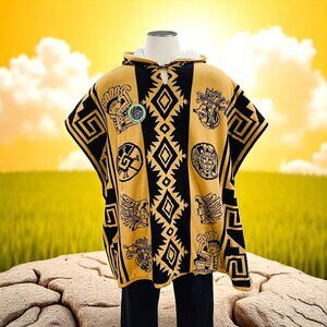 Lian Hooded Aztec Poncho Sherpa Lined Baja Blanket Unisex Boho Tribal